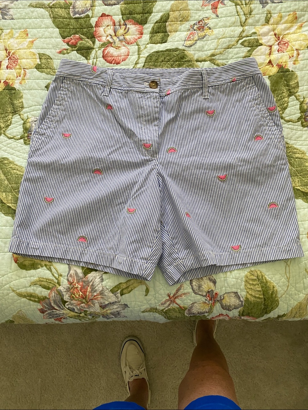 Talbots Blue and White Striped Shorts with Pink Watermelon Embroidery